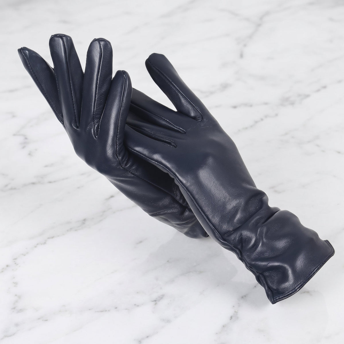 Women's leather winter gloves for driving and walking - navy blue