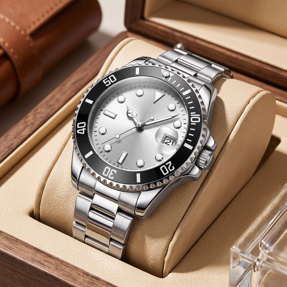 Stainless steel quartz date dress watch for men - silver white