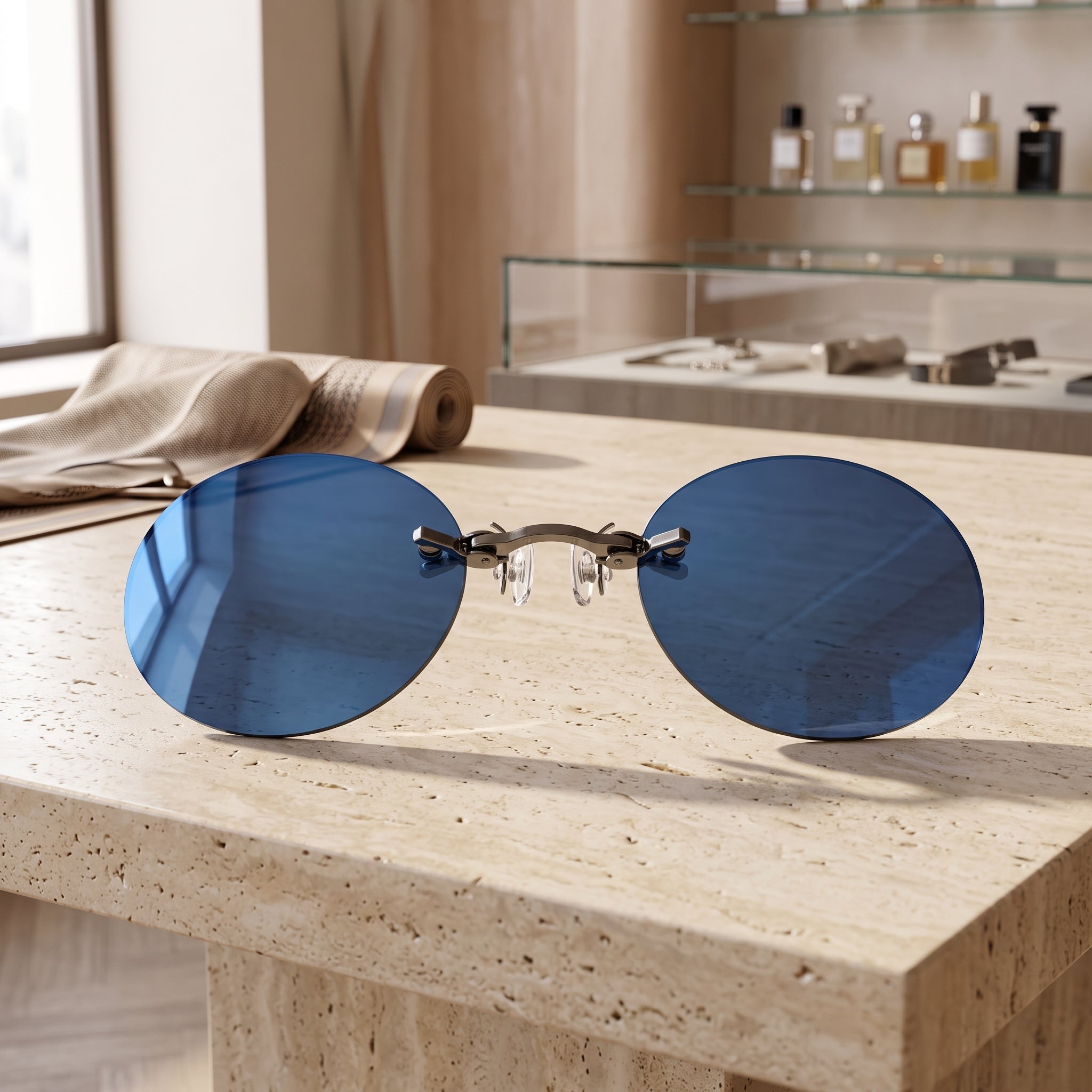 Sunglasses Round Rimless Clip On Vintage Style - blue