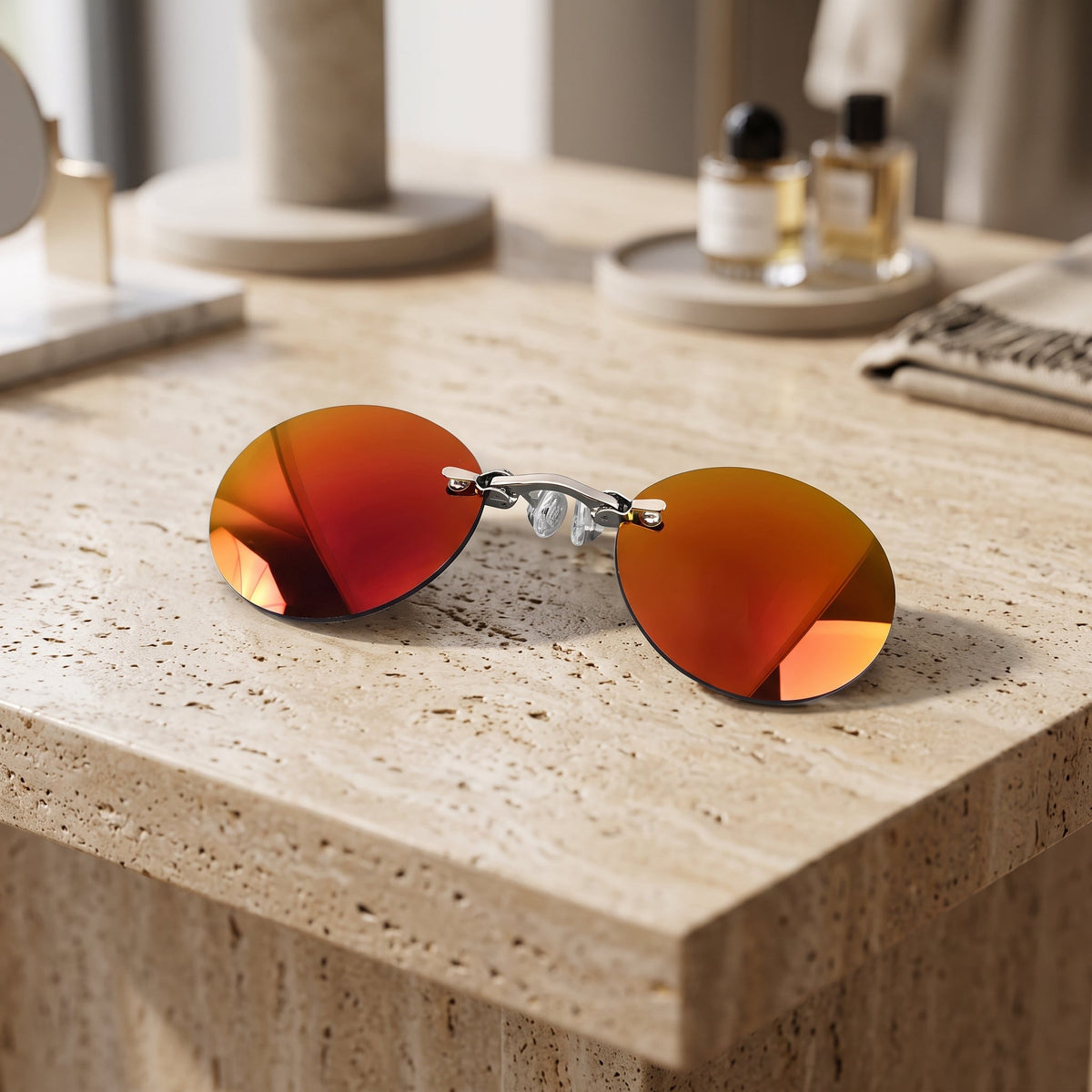 Sunglasses Round Rimless Clip On Vintage Style - red