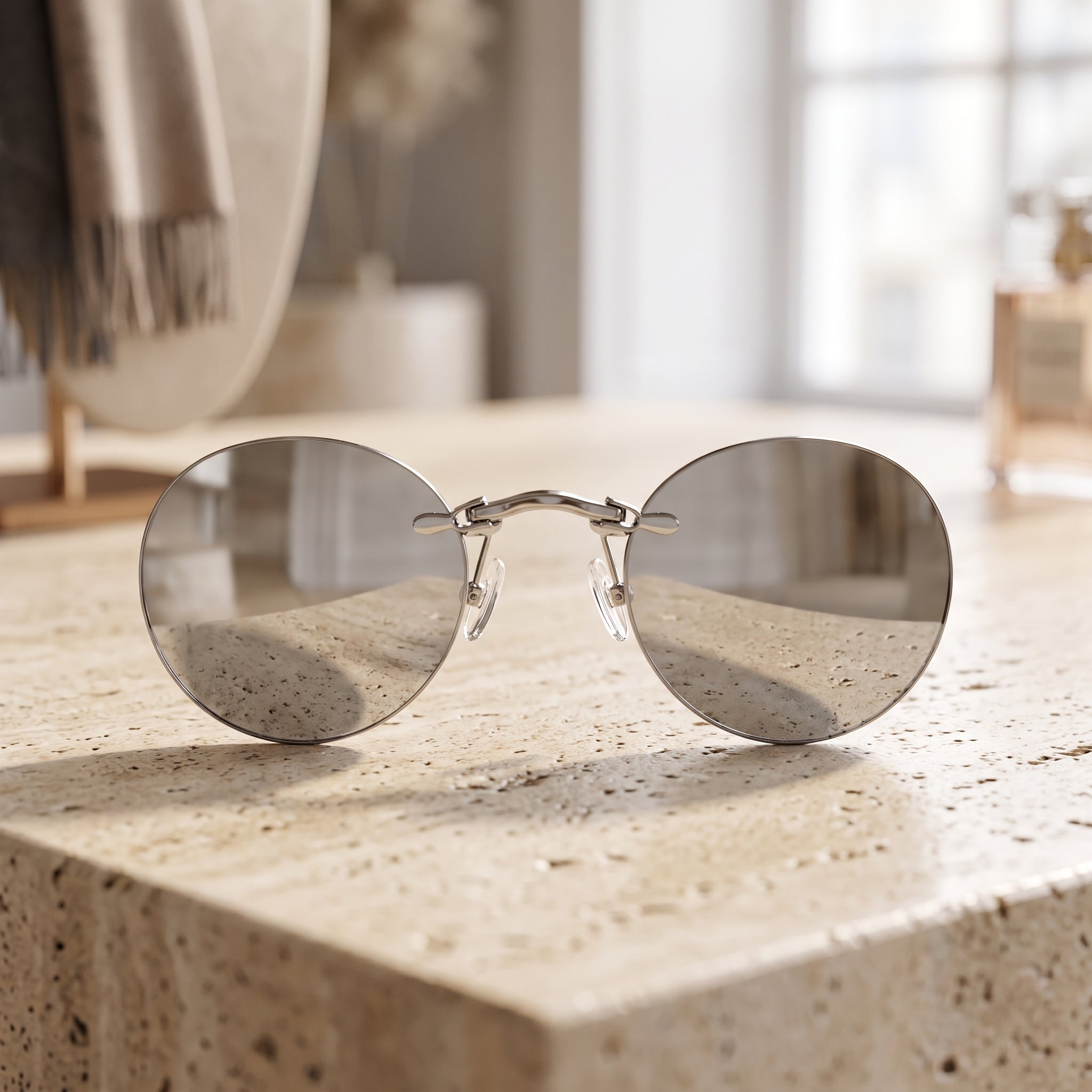 Sunglasses Round Rimless Clip On Vintage Style - silver