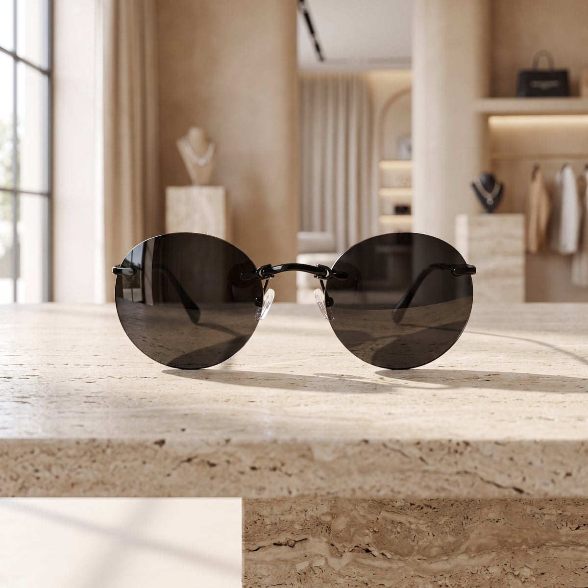 Sunglasses Round Rimless Clip On Vintage Style - black