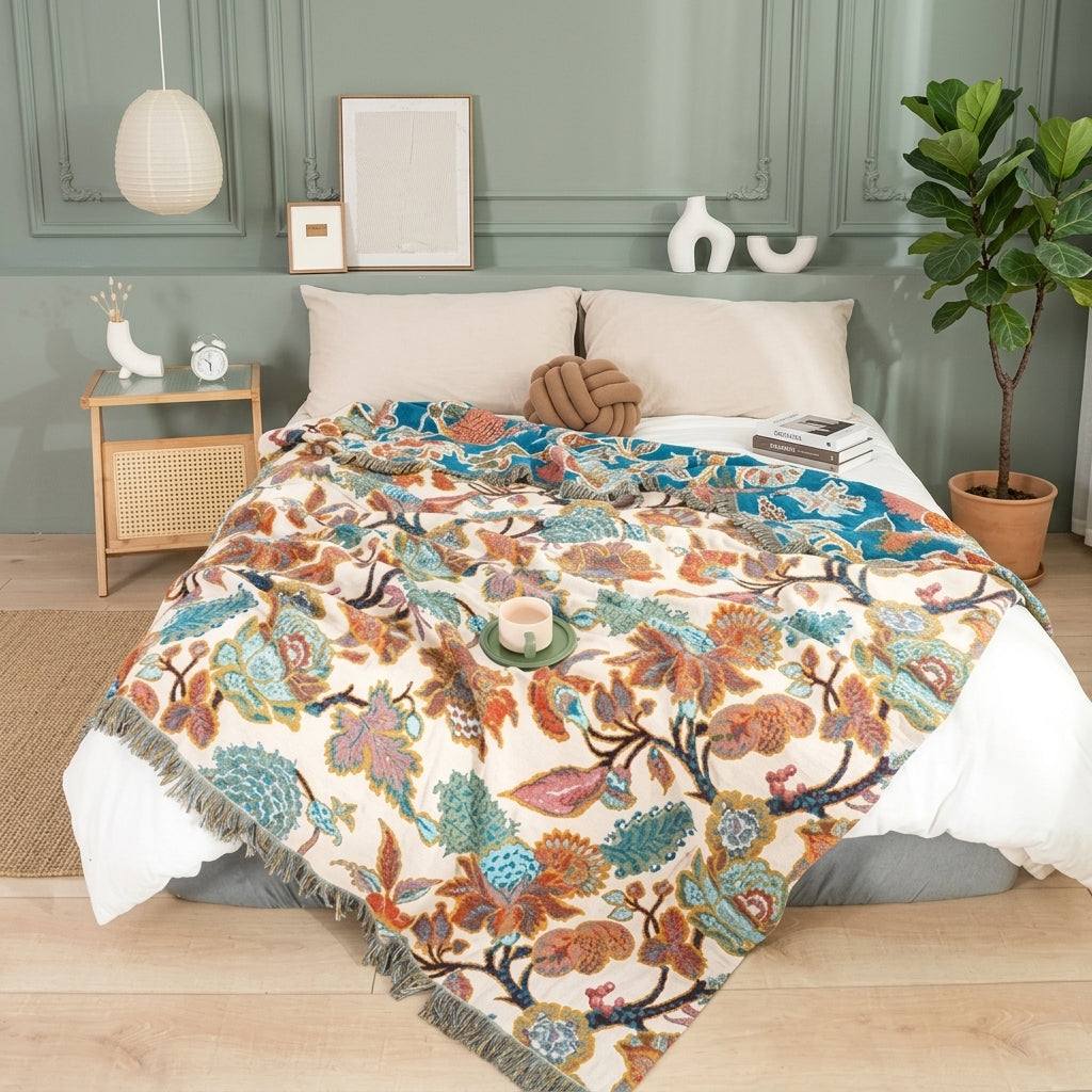 Throw Blanket with Floral Pattern and Fringed Edges