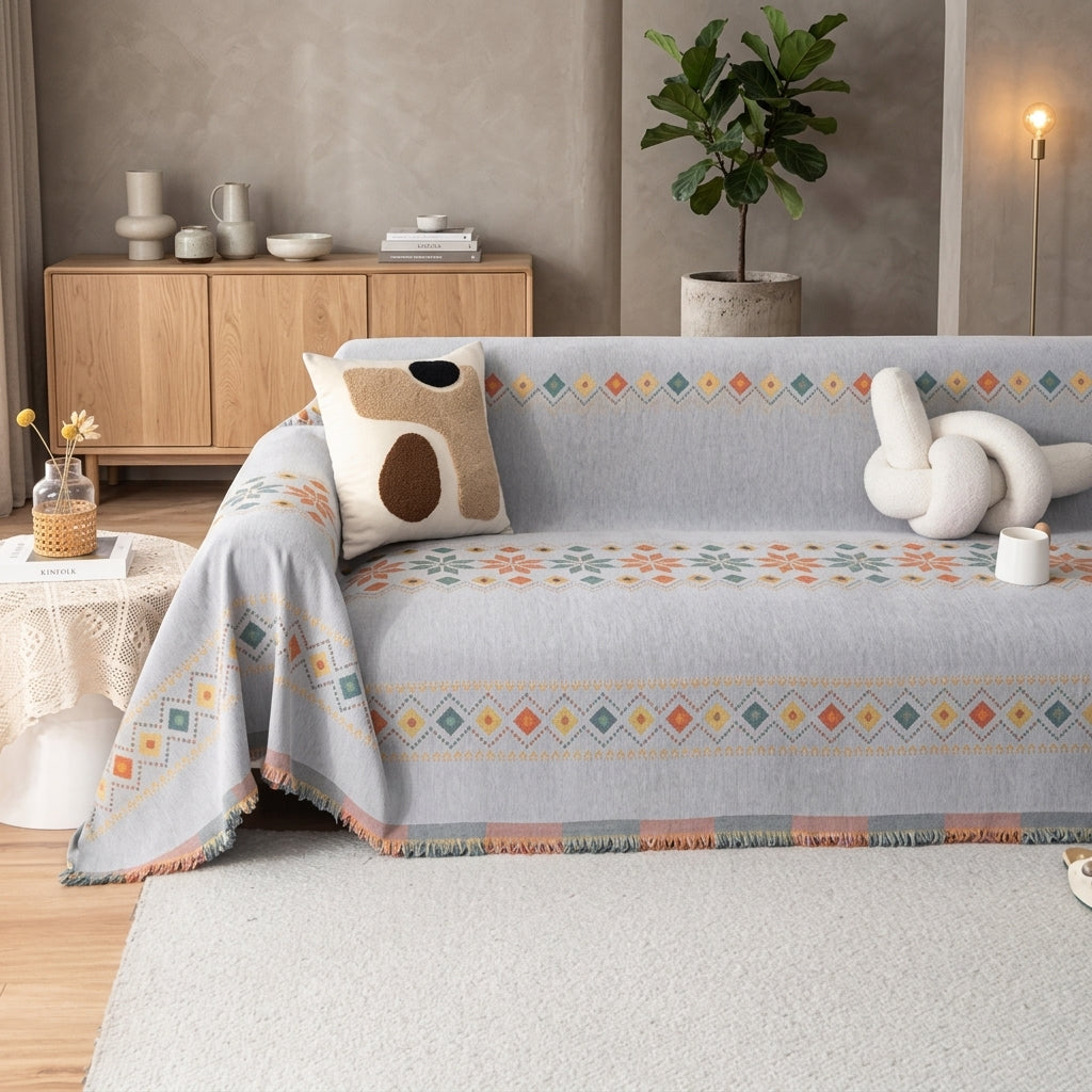 Sofa Cover with Boho Jacquard Pattern and Non-Slip Fit - gray