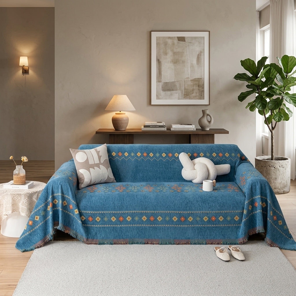 Sofa Cover with Boho Jacquard Pattern and Non-Slip Fit - blue
