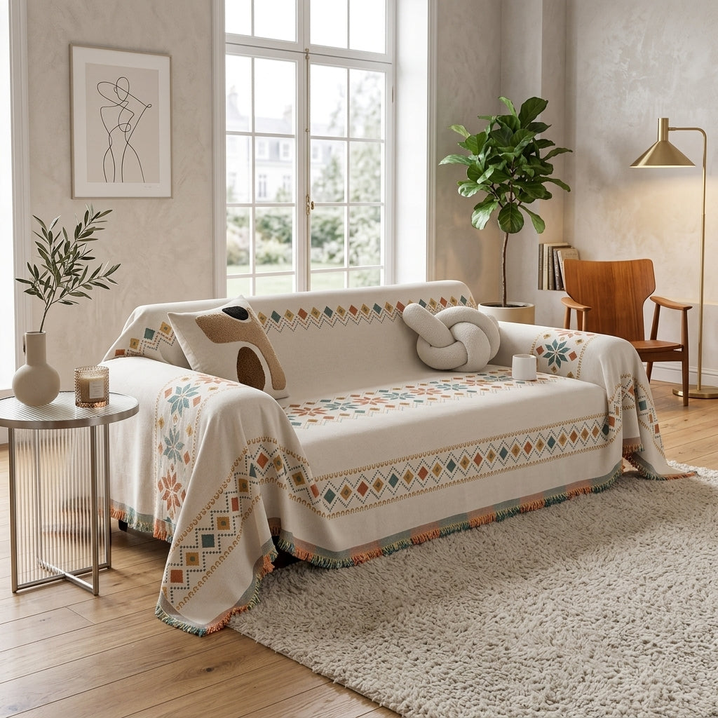 Sofa Cover with Boho Jacquard Pattern and Non-Slip Fit - white