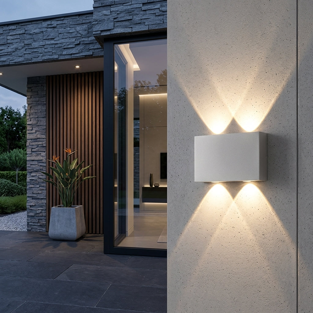 Outdoor LED wall light fixture with up down lighting - white