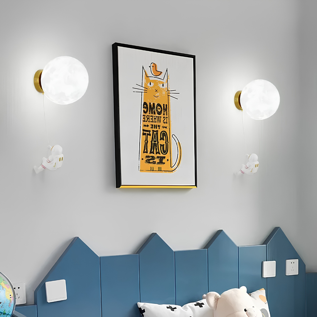 Kids bedroom LED wall light with astronaut moon design
