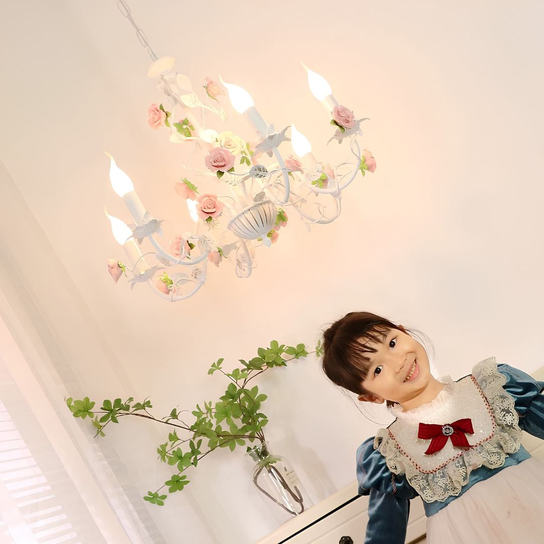 Chandelier with vintage floral ceramic rose branches