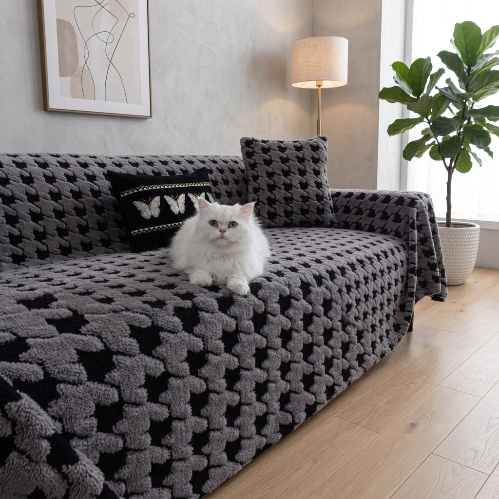 Quilted houndstooth universal sofa cover with non slip - light gray