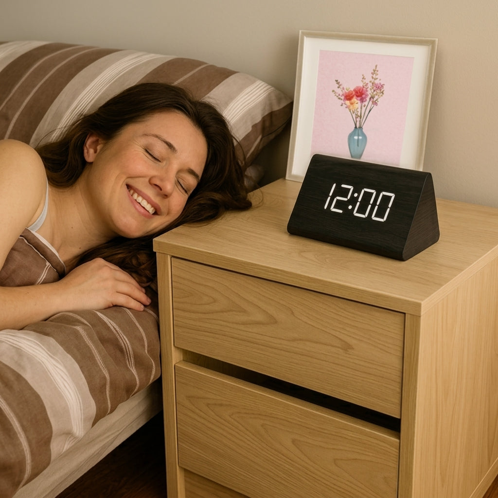 Digital Alarm Clock Modern Wood Effect LED