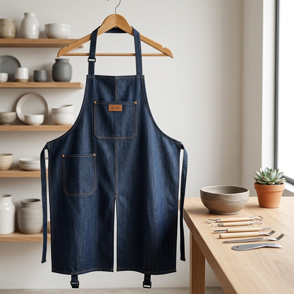 Denim work apron with adjustable fit and split leg design - one set of spare parts