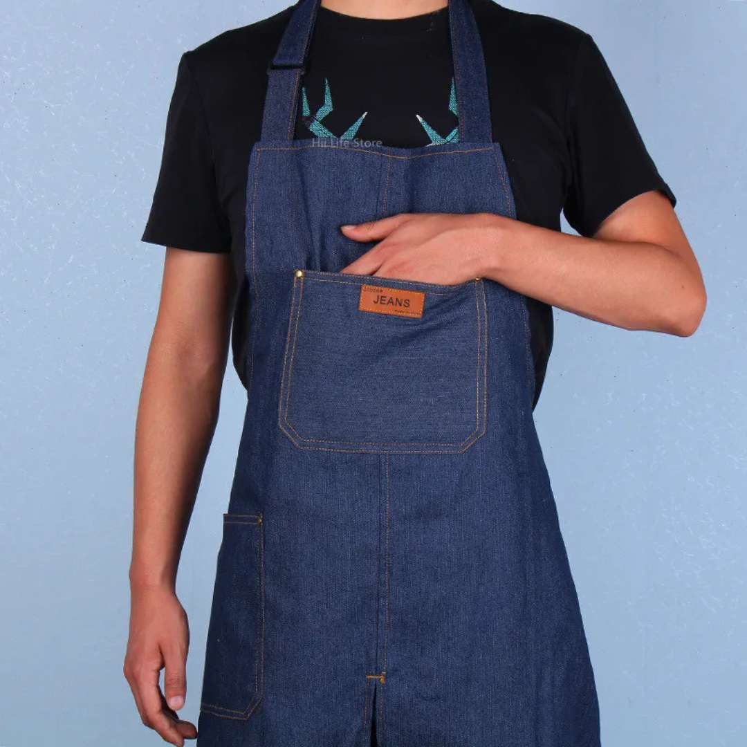 Denim work apron with adjustable fit and split leg design
