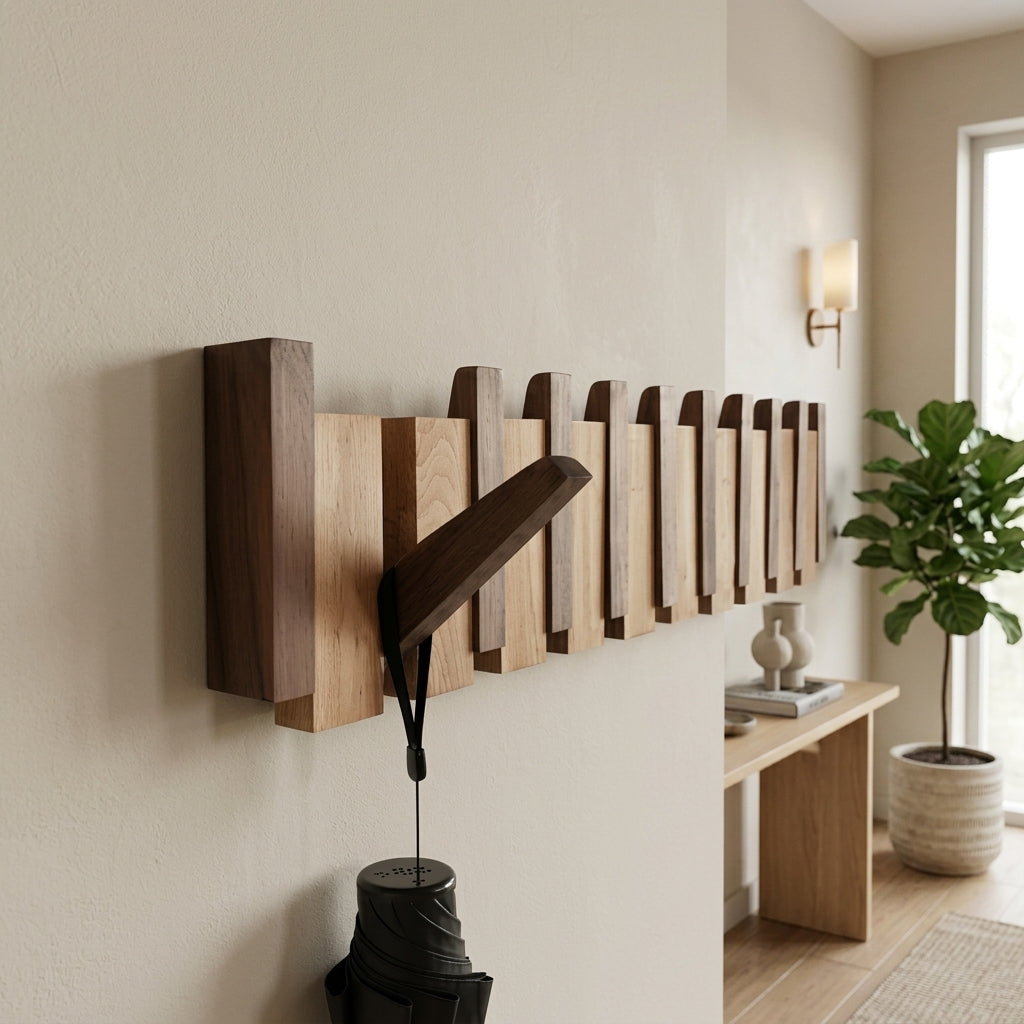 Wooden Wall Coat Rack with Folding Hooks and Entryway Organiser
