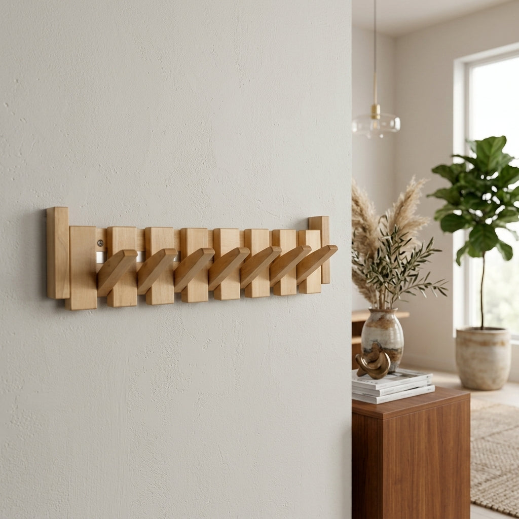 Wooden Wall Coat Rack with Folding Hooks and Entryway Organiser