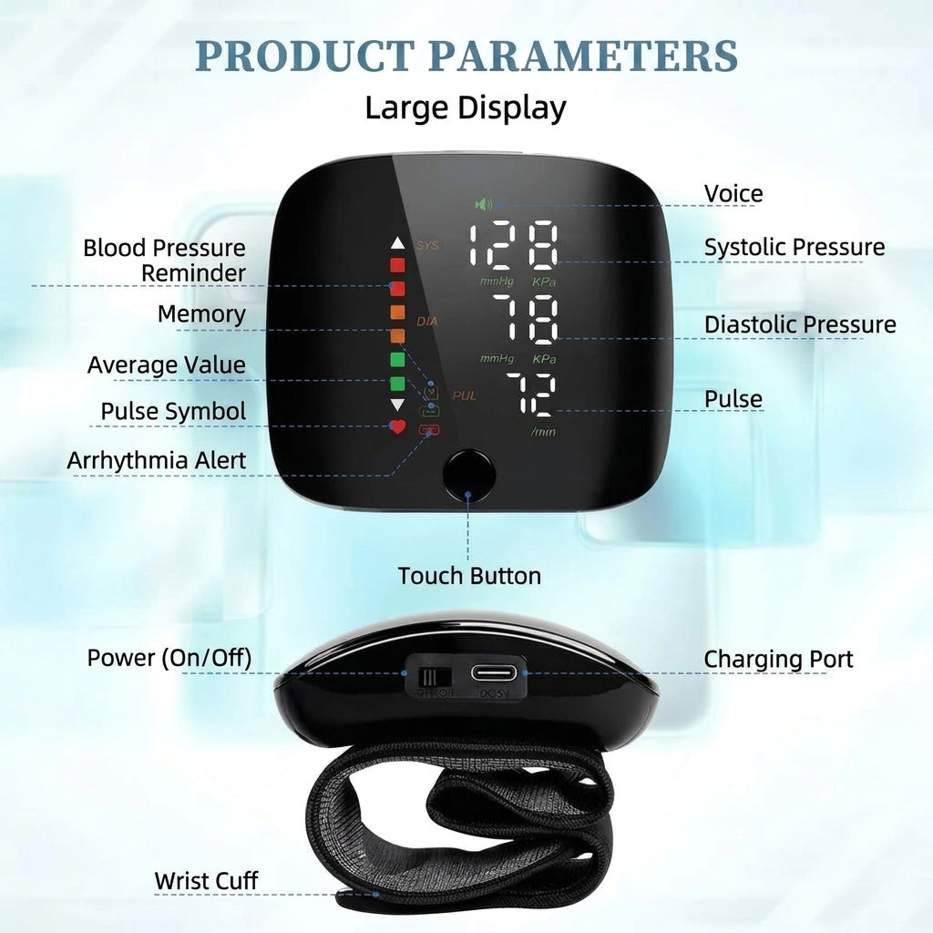 Wrist Blood Pressure Monitor with Voice Prompts and Display