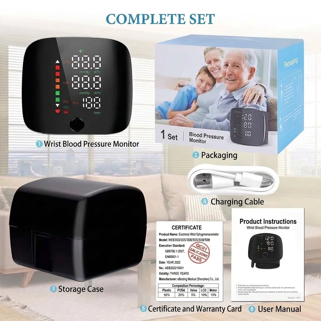 Wrist Blood Pressure Monitor with Voice Prompts and Display