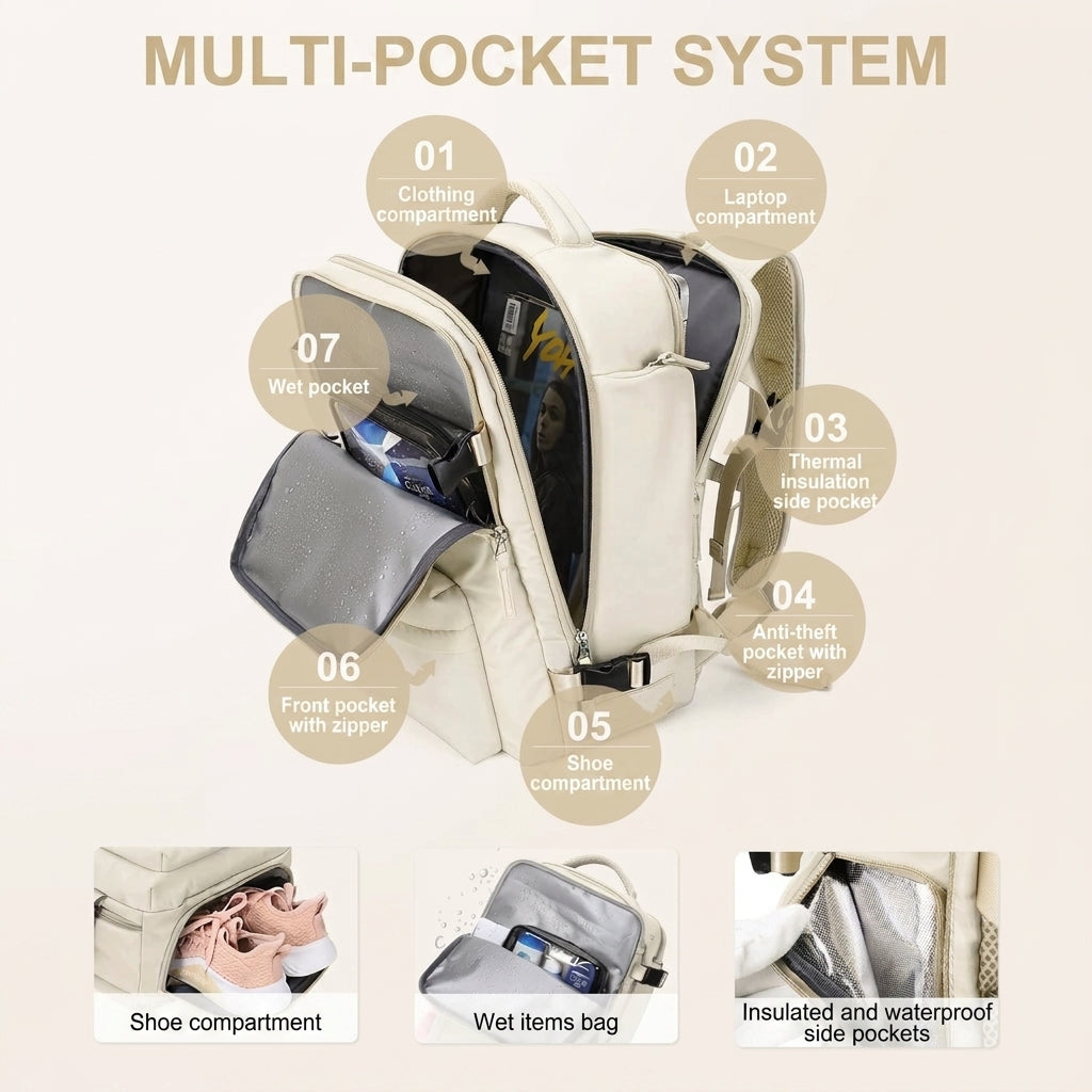 Hiking backpack with multiple compartments and zipped pockets