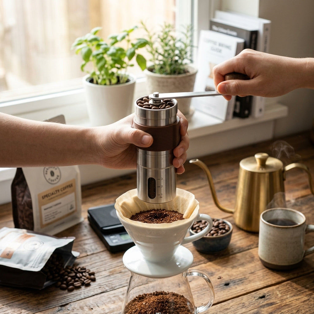 Manual coffee grinder with adjustable settings and foldable handle