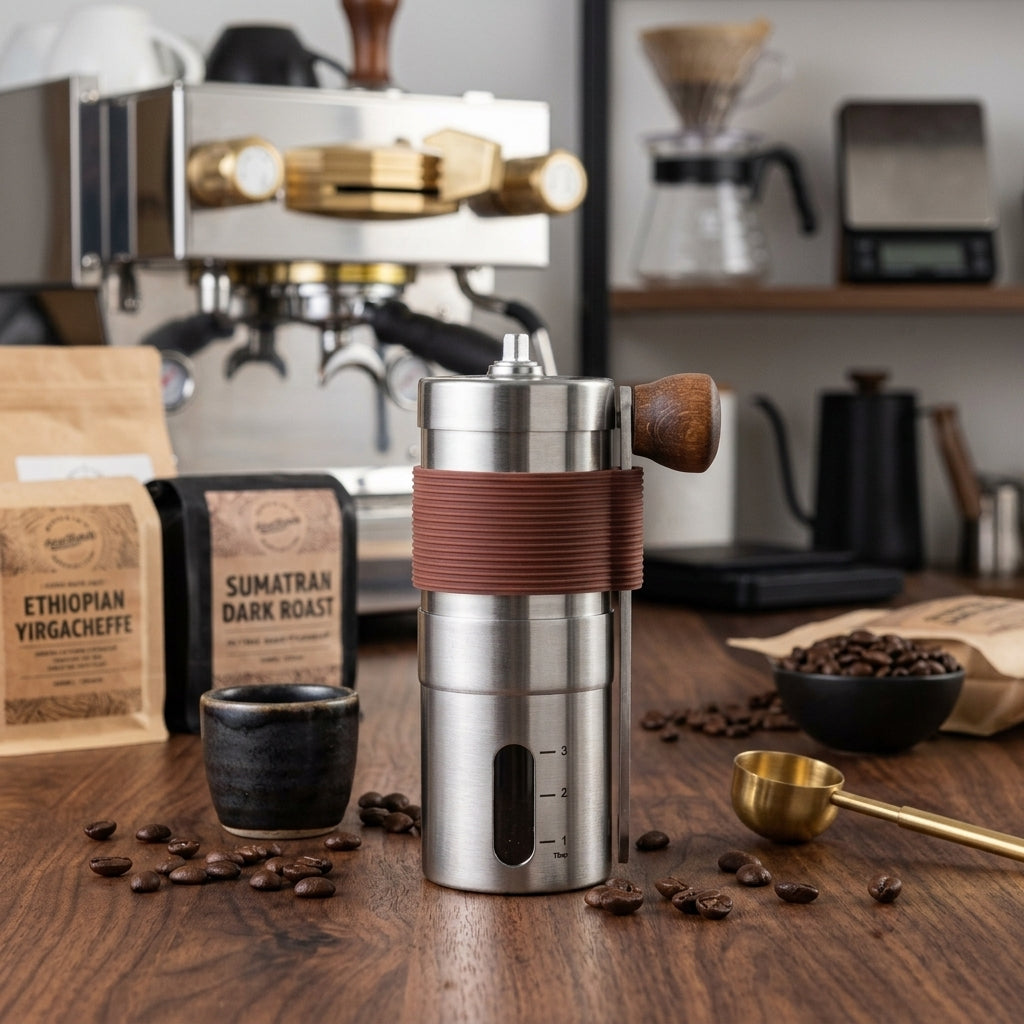 Manual coffee grinder with adjustable settings and foldable handle