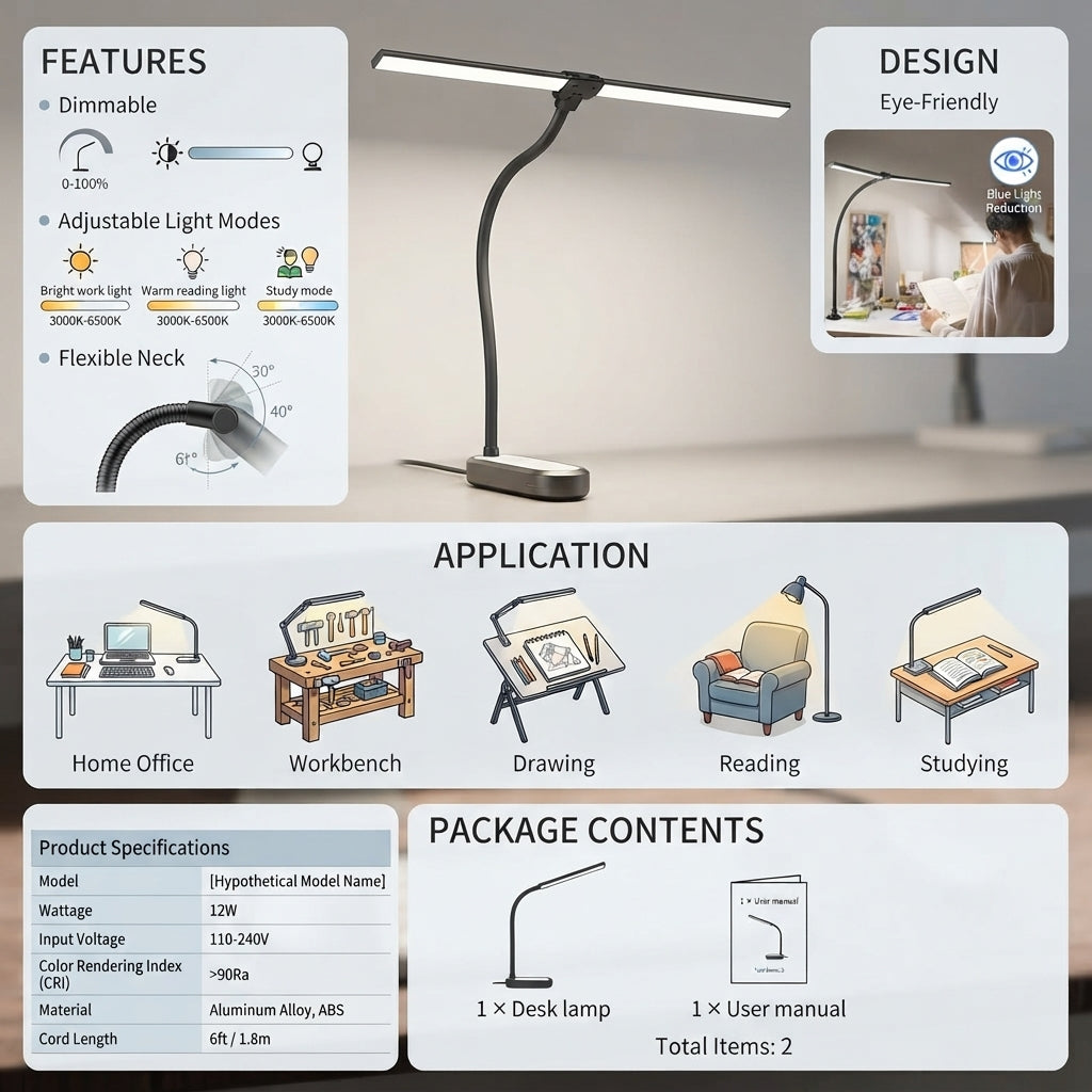 Desk Lamp With Flexible Neck And Dimmable Light