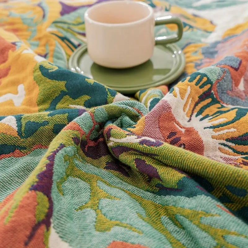 Summer Throw Blanket With Floral Jacquard Pattern