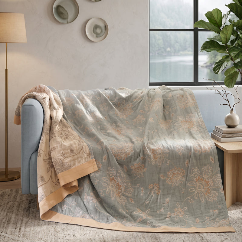 Summer Throw Blanket With Floral Jacquard Cotton - green