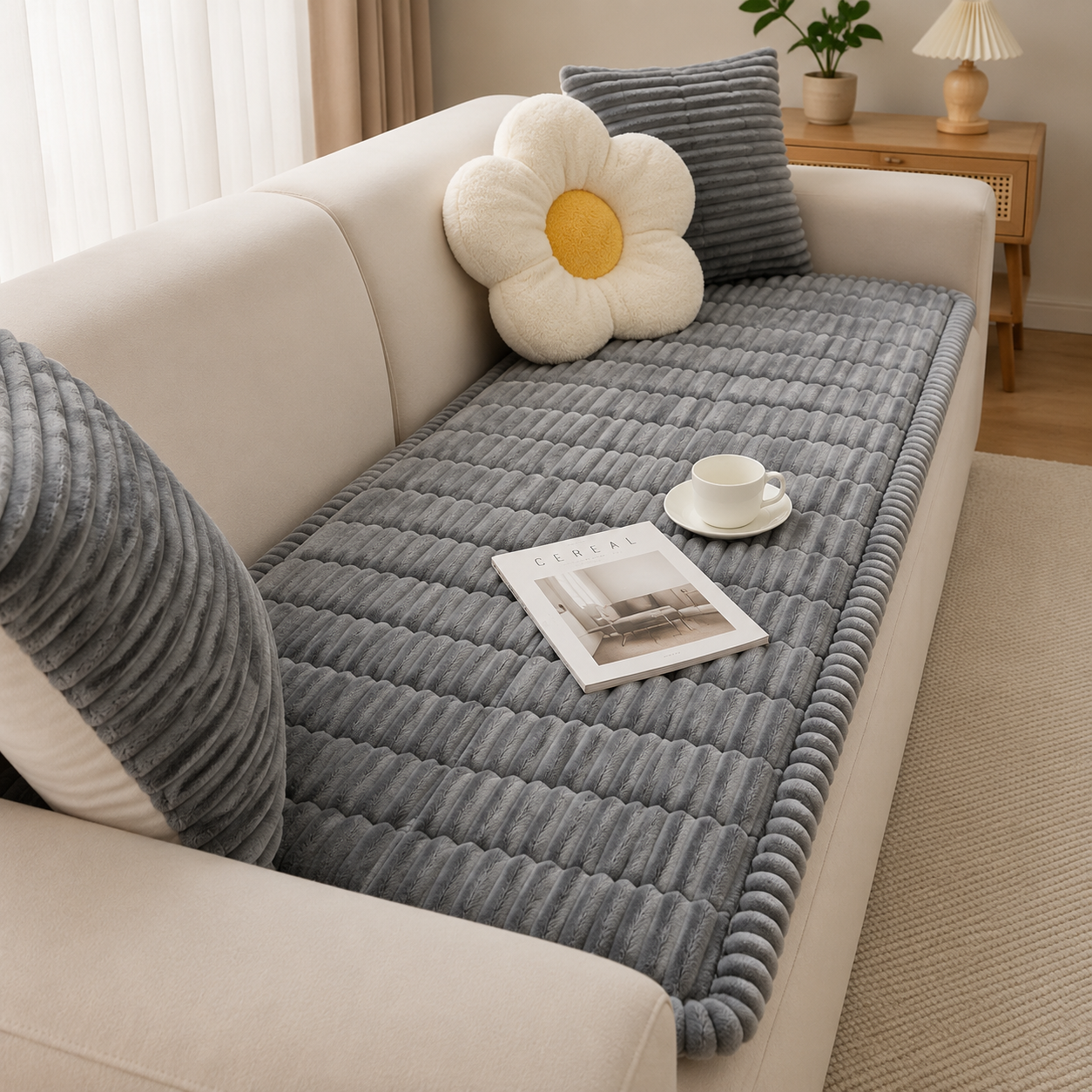Sofa Seat Cover Quilted Non Slip Winter Style - calm charcoal