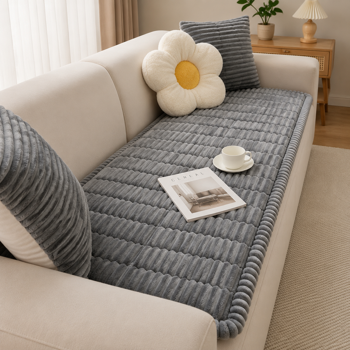 Sofa Seat Cover Quilted Non Slip Winter Style - calm charcoal