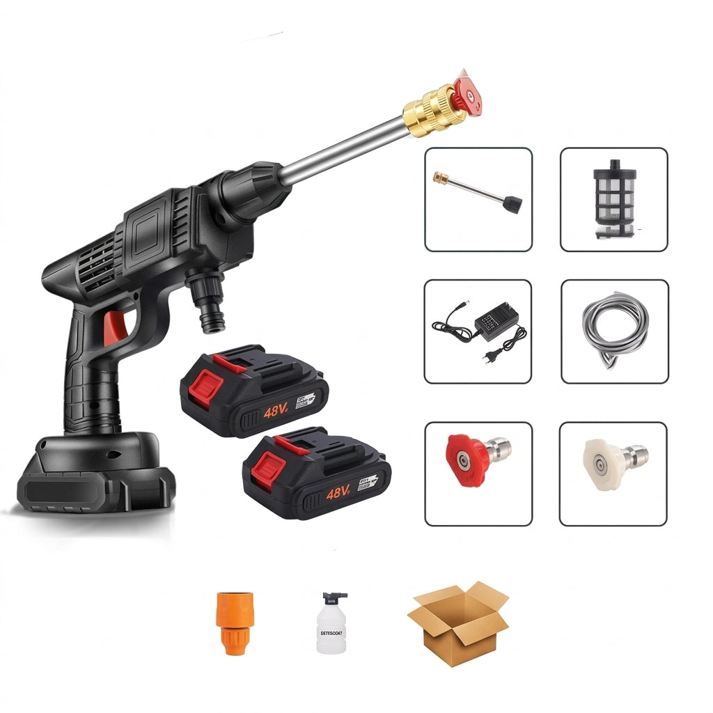 Battery powered spray gun for outdoor cleaning and pet bathing