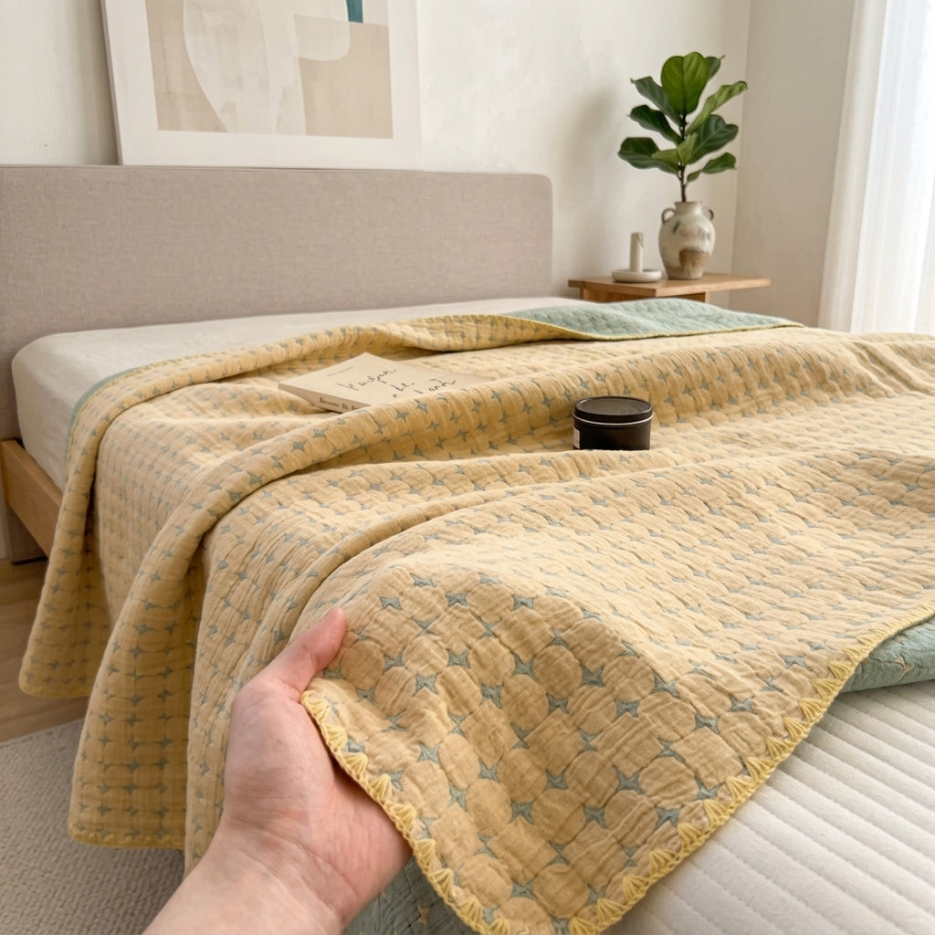 Waffle weave cotton summer throw blanket for sofa bed - quilted yellow