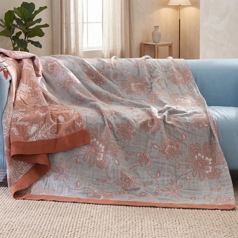 Summer Throw Blanket With Floral Jacquard Cotton - red