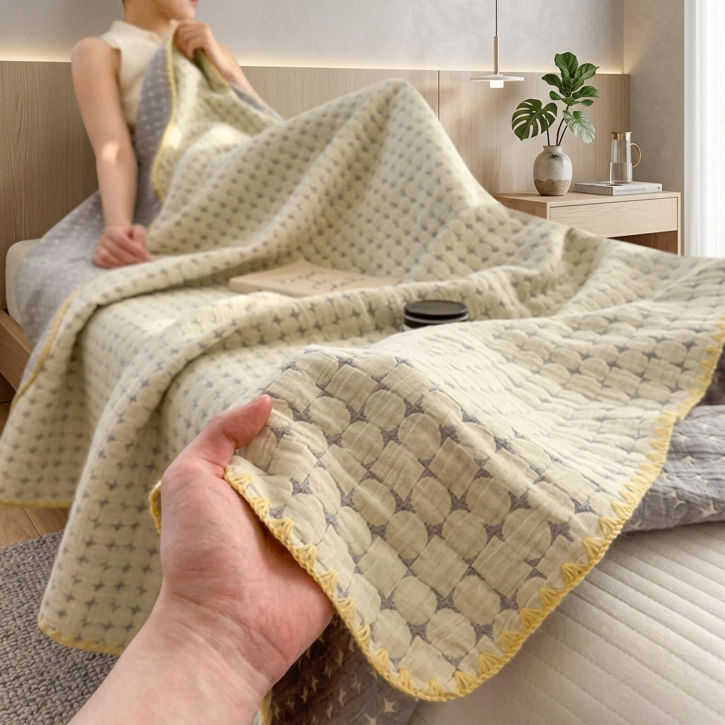 Waffle weave cotton summer throw blanket for sofa bed - quilted ivory