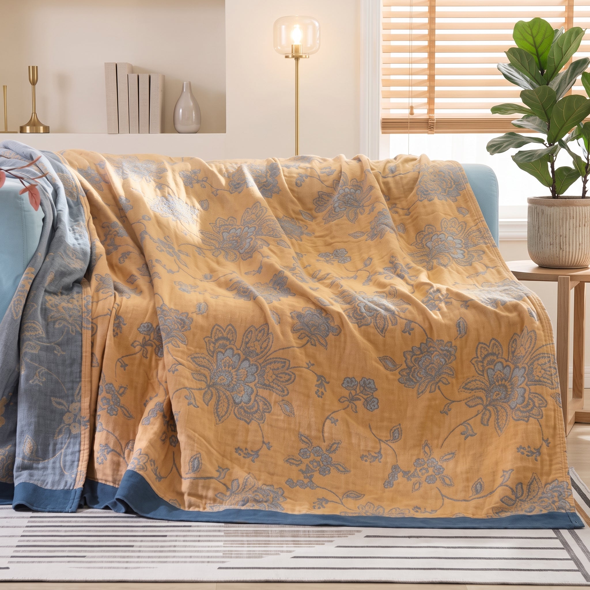 Summer Throw Blanket With Floral Jacquard Cotton - yellow