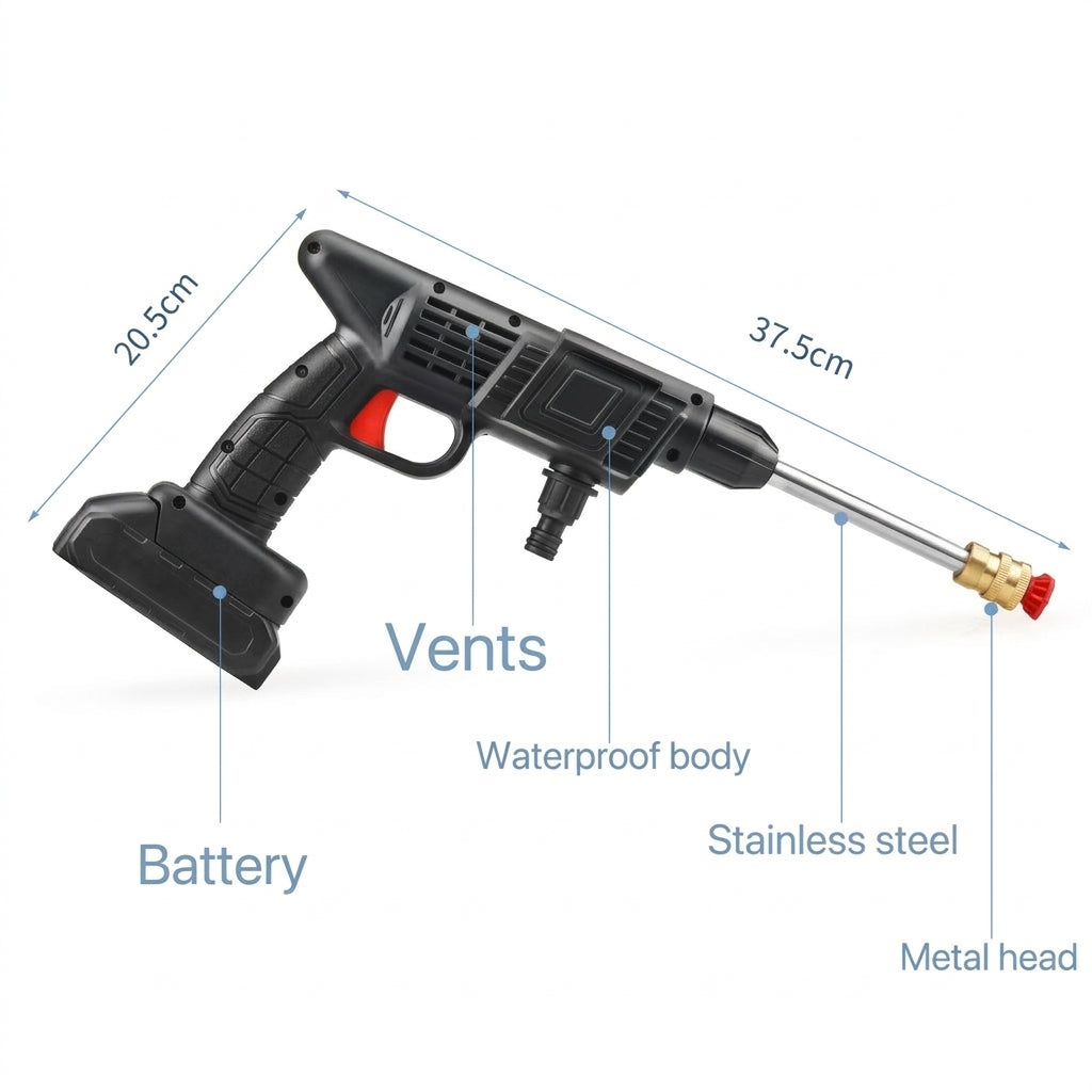 Battery powered spray gun for outdoor cleaning and pet bathing