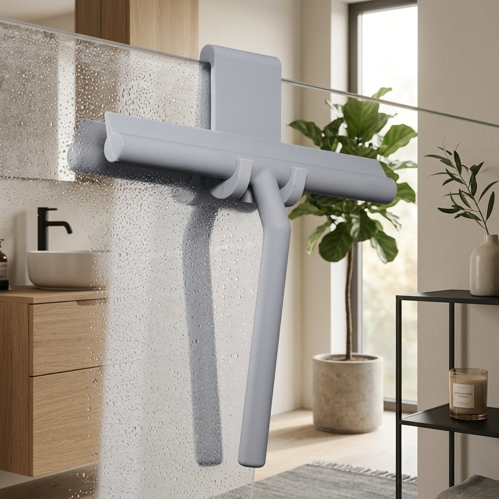 Silicone shower squeegee with wall holder for glass - gray