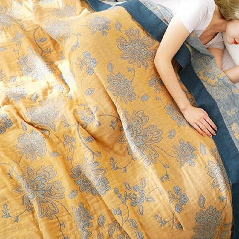 Summer Throw Blanket With Floral Jacquard Cotton