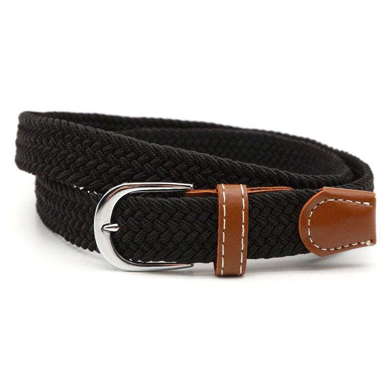 Hole-free elastic belt with metal buckle and woven design - black