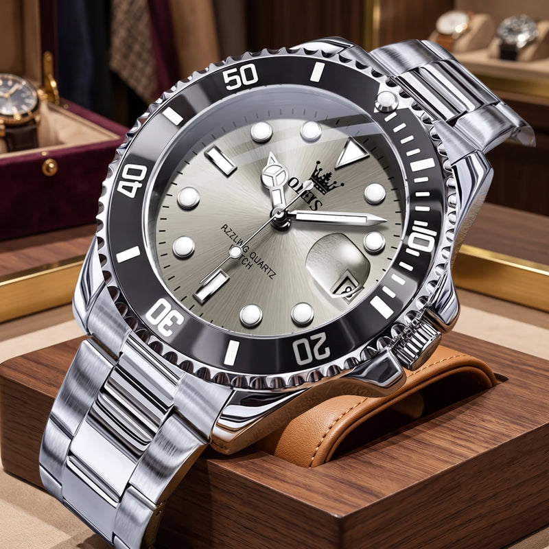 Stainless steel quartz date dress watch for men - silver gray