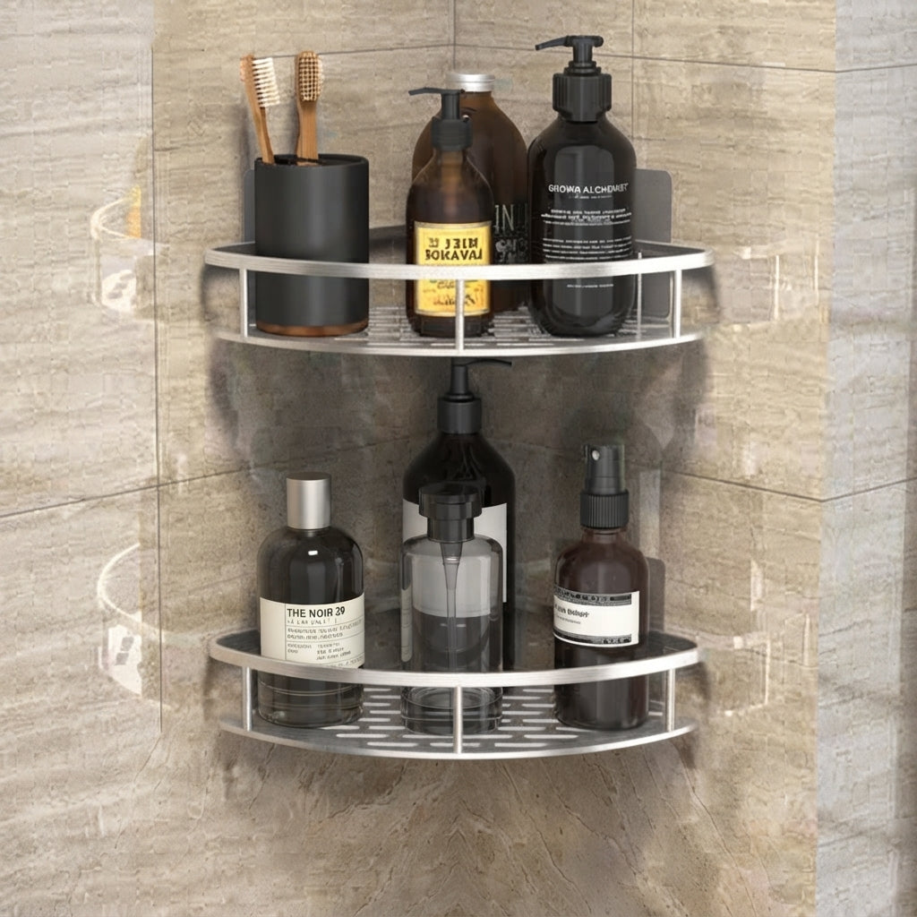 Shower Shelf For Bathroom Corner With Adhesive Fitting - silver
