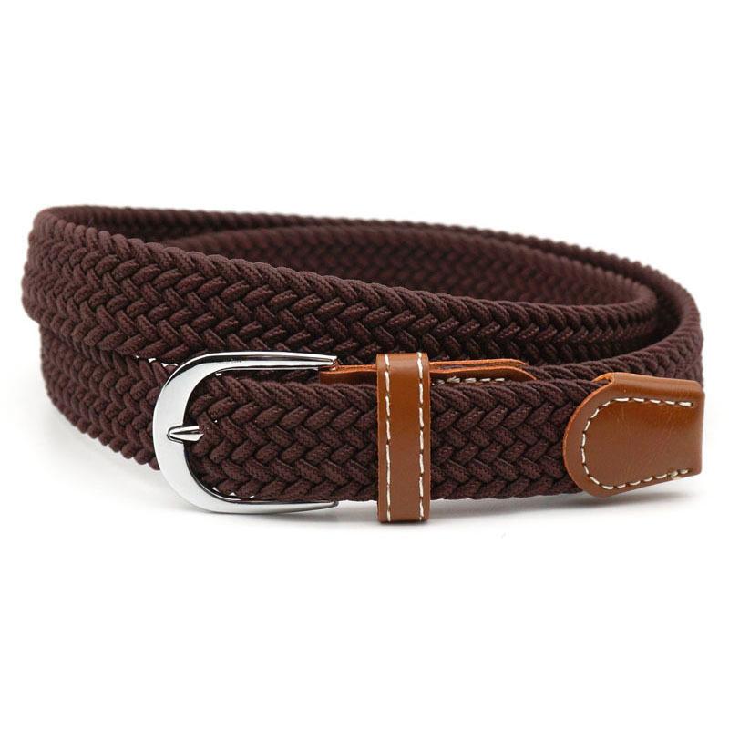 Hole-free elastic belt with metal buckle and woven design - dark brown