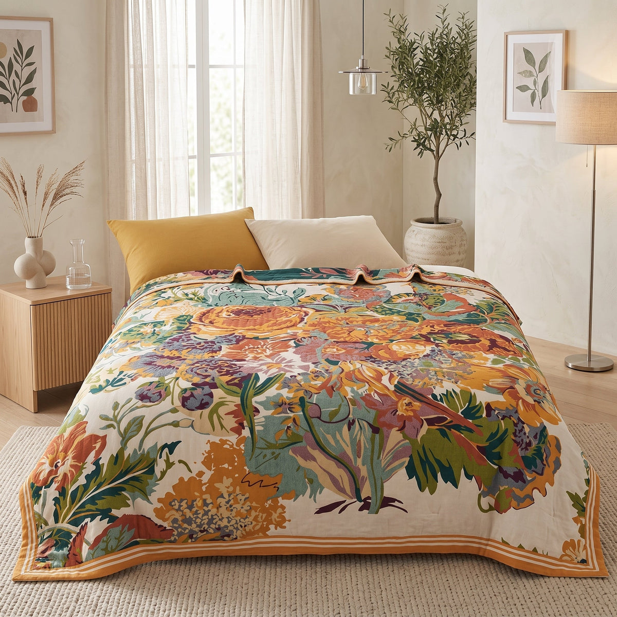 Summer Throw Blanket With Floral Jacquard Pattern