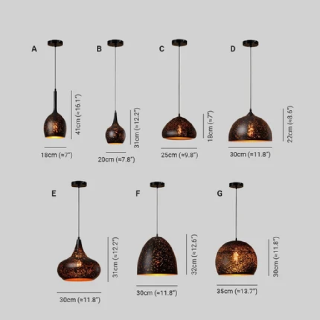 Pendant light fixture with perforated iron shade