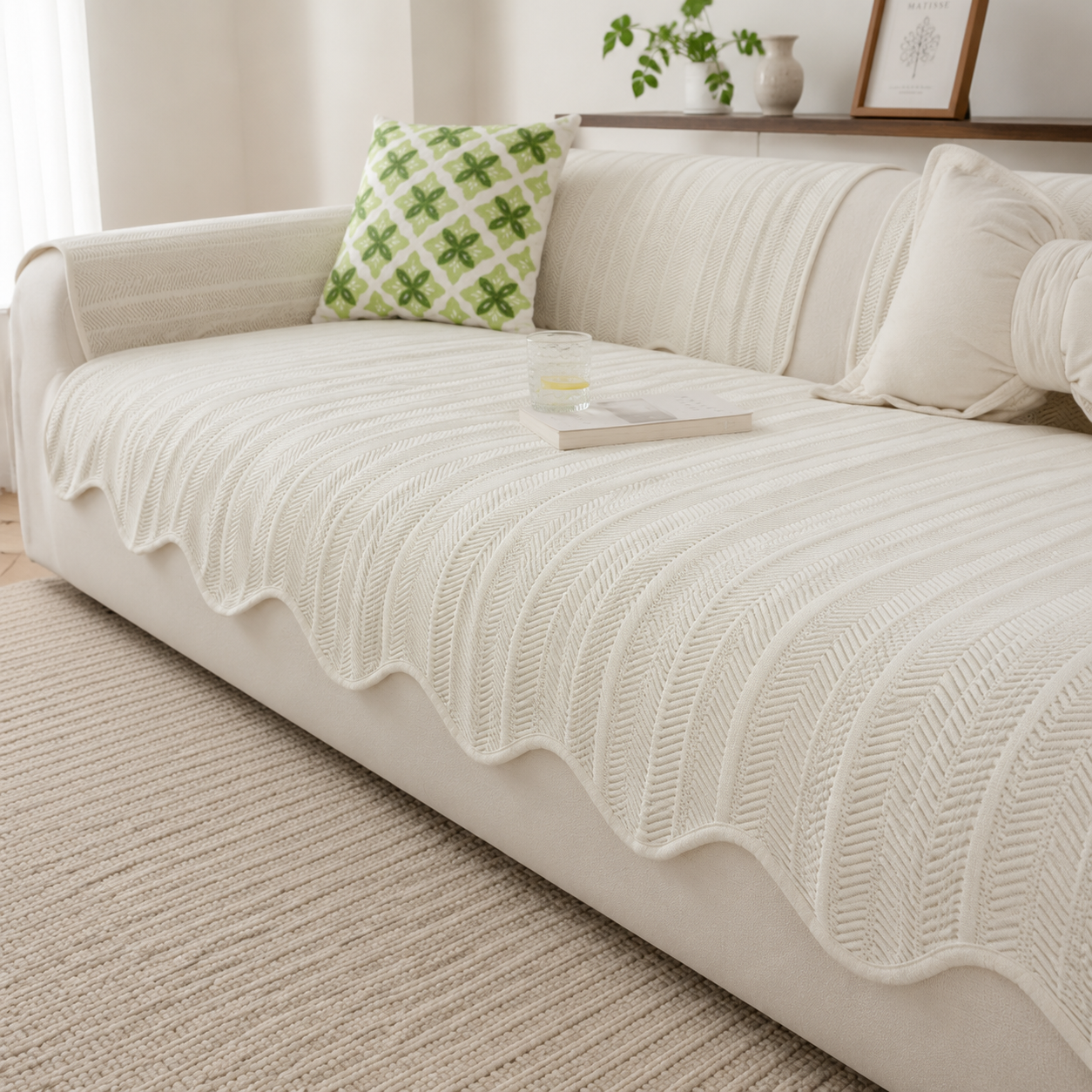 Sofa Seat Cover Geometric Non Slip Summer Design - cream wave