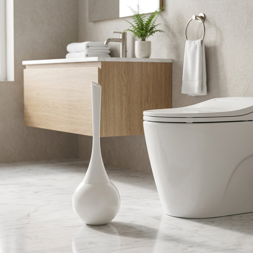 Toilet brush holder with long handle for bathroom - ivory pearl