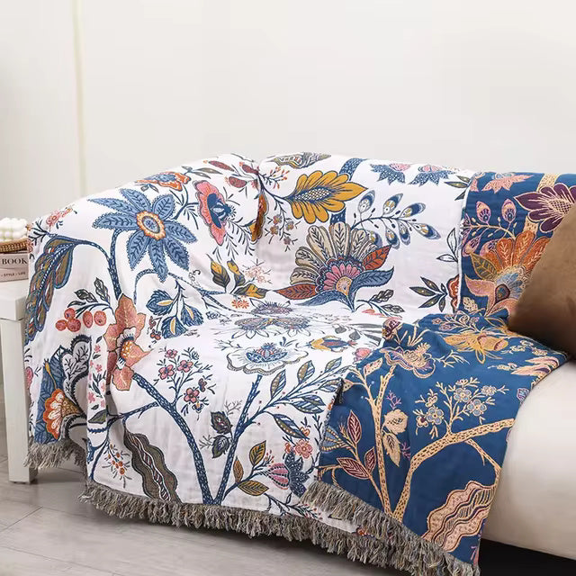 Throw Blanket for Sofa with Floral Fringed Edges