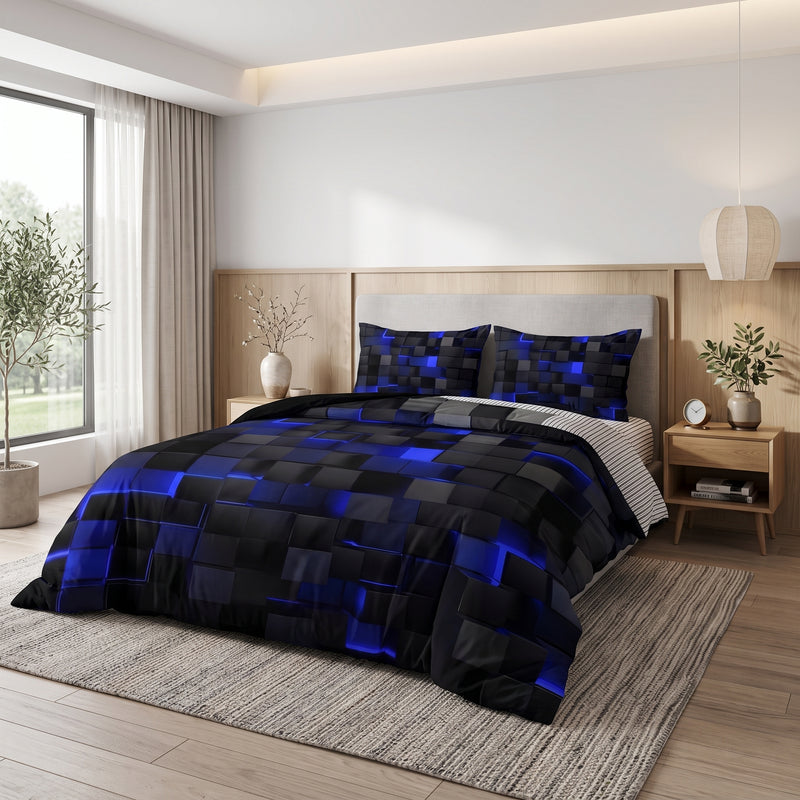 Bedding set with geometric duvet cover and pillowcases - blue