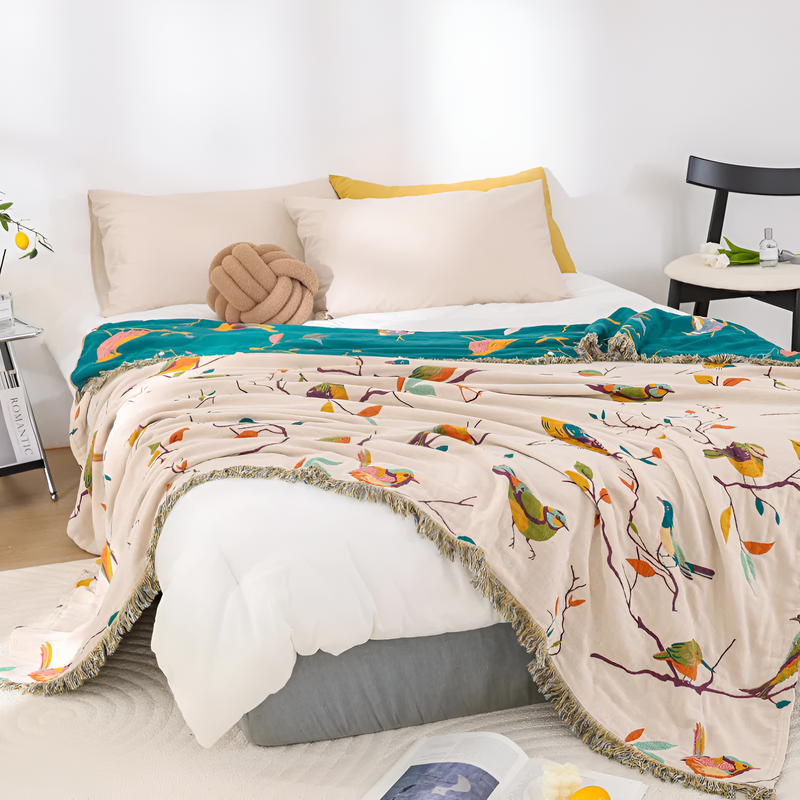 Muslin Throw Blanket With Bird Pattern