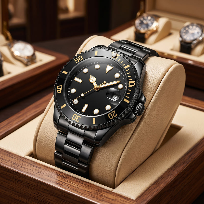 Stainless steel quartz date dress watch for men - whole black