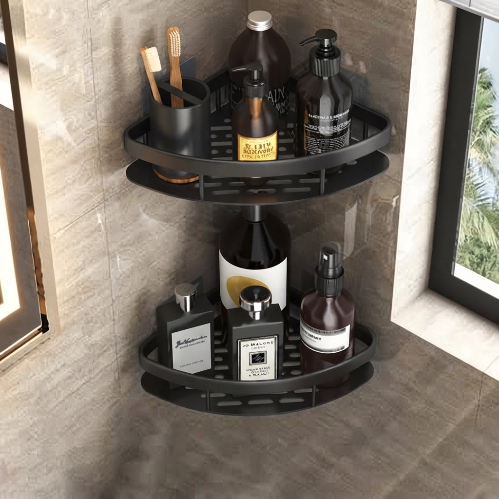 Shower Shelf For Bathroom Corner With Adhesive Fitting - black